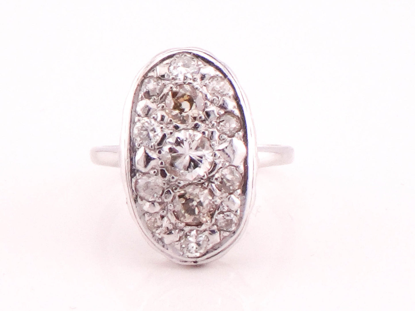 Vintage 14k White Gold Oval Shape Diamond Cluster Ring Natural Old Mine Cut and Round Brilliant Diamond Ring Approx 1.3 CT TDW
