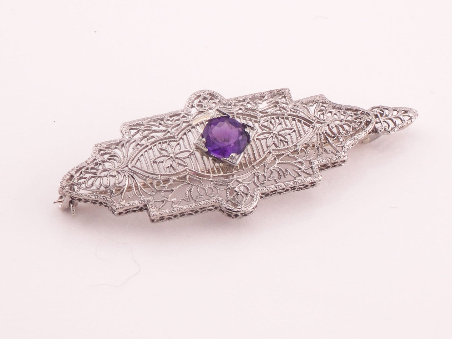 Vintage Art Deco Amethyst Pendant Pin: 14k White Gold Filigree