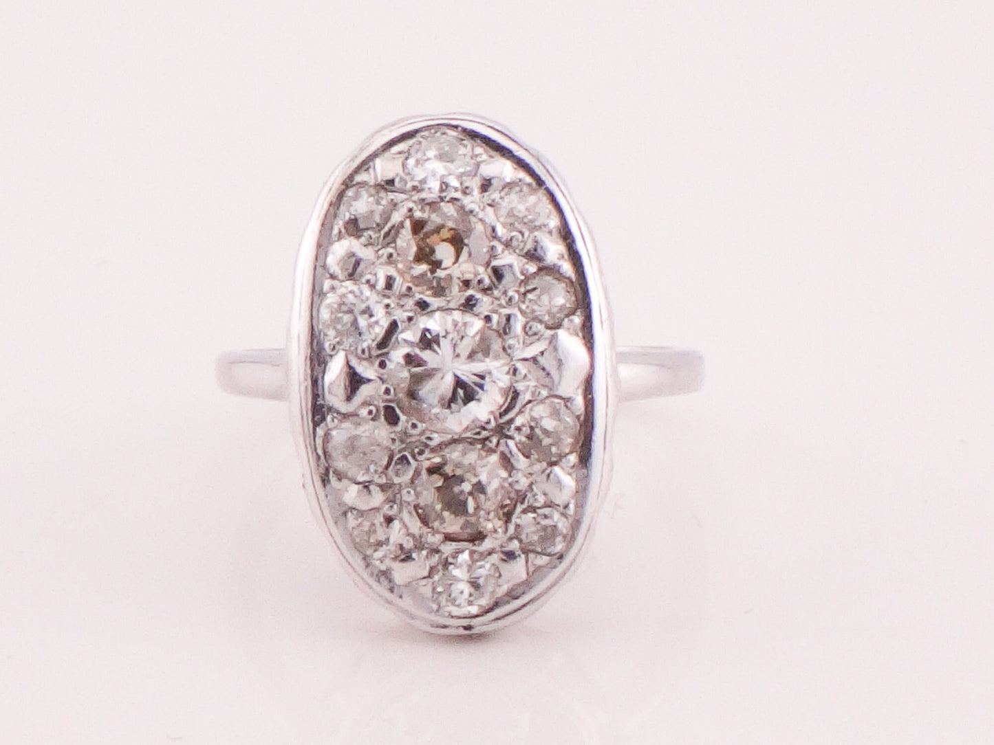 Vintage 14k White Gold Oval Shape Diamond Cluster Ring Natural Old Mine Cut and Round Brilliant Diamond Ring Approx 1.3 CT TDW