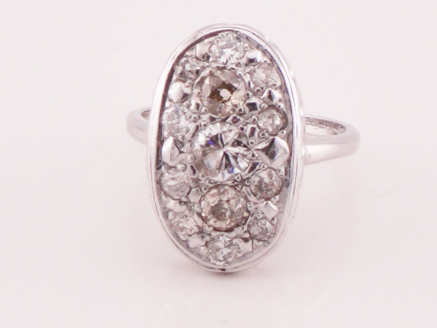 Vintage 14k White Gold Oval Shape Diamond Cluster Ring Natural Old Mine Cut and Round Brilliant Diamond Ring Approx 1.3 CT TDW