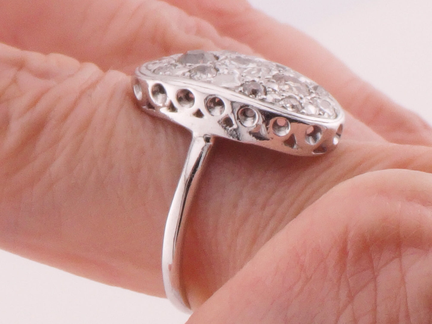 Vintage 14k White Gold Oval Shape Diamond Cluster Ring Natural Old Mine Cut and Round Brilliant Diamond Ring Approx 1.3 CT TDW
