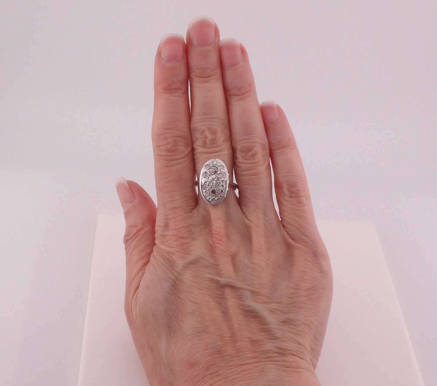 Vintage 14k White Gold Oval Shape Diamond Cluster Ring Natural Old Mine Cut and Round Brilliant Diamond Ring Approx 1.3 CT TDW