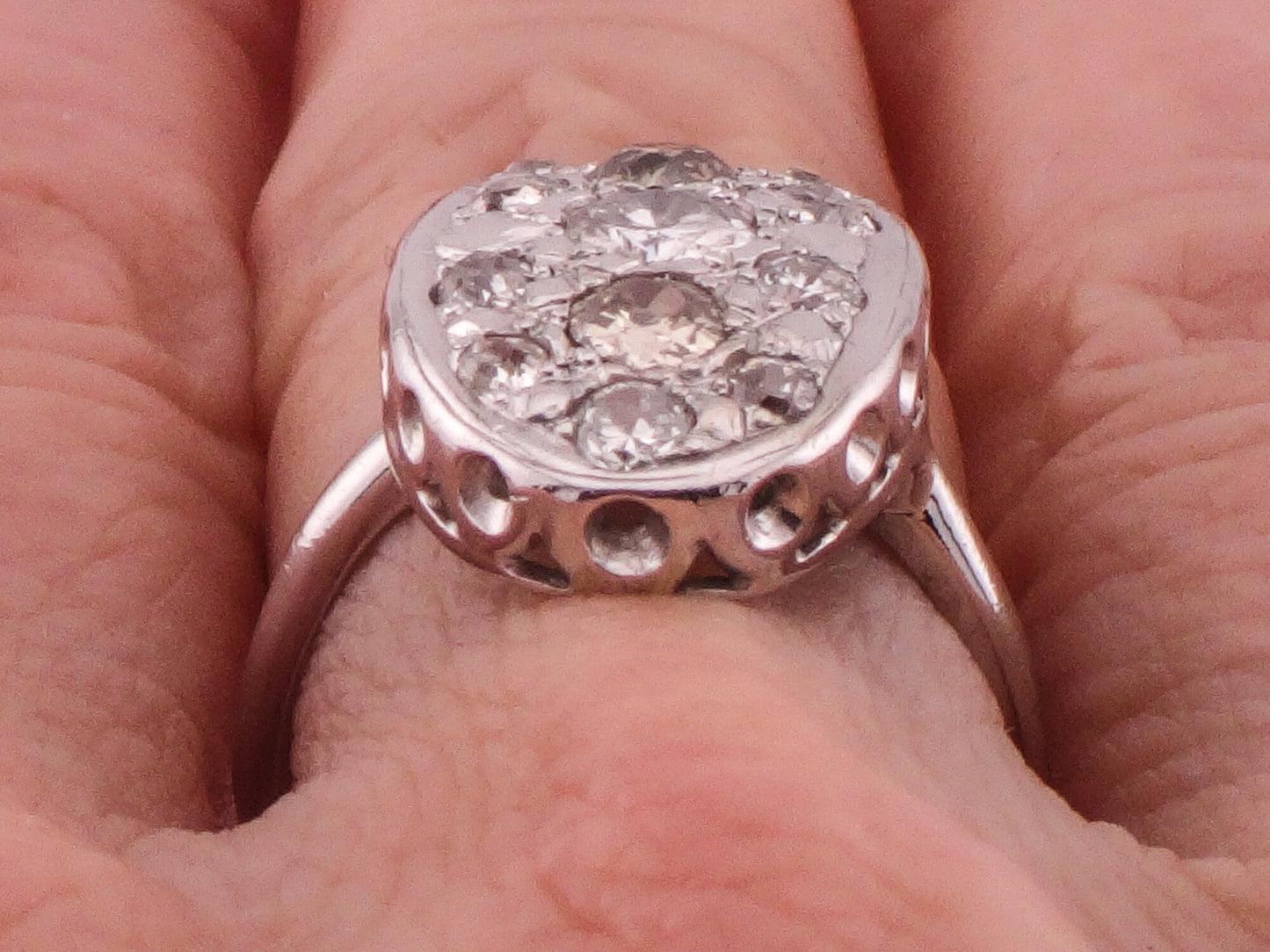 Vintage 14k White Gold Oval Shape Diamond Cluster Ring Natural Old Mine Cut and Round Brilliant Diamond Ring Approx 1.3 CT TDW