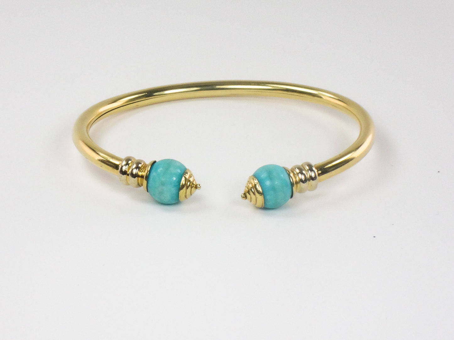 Vintage 18k Yellow Gold Turquoise Bangle Bracelet with Ball Ends Cuff Bracelet