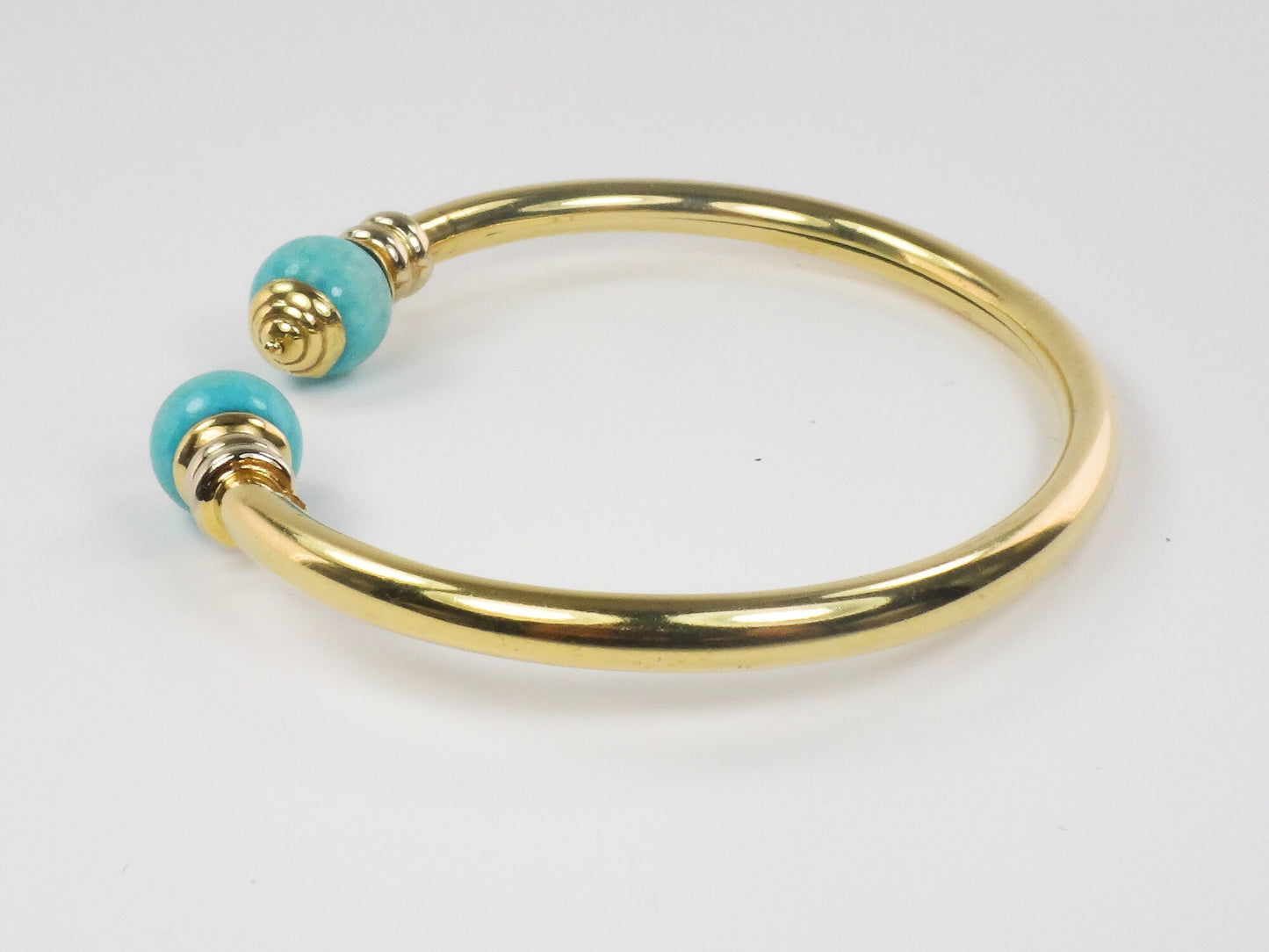 Vintage 18k Yellow Gold Turquoise Bangle Bracelet with Ball Ends Cuff Bracelet