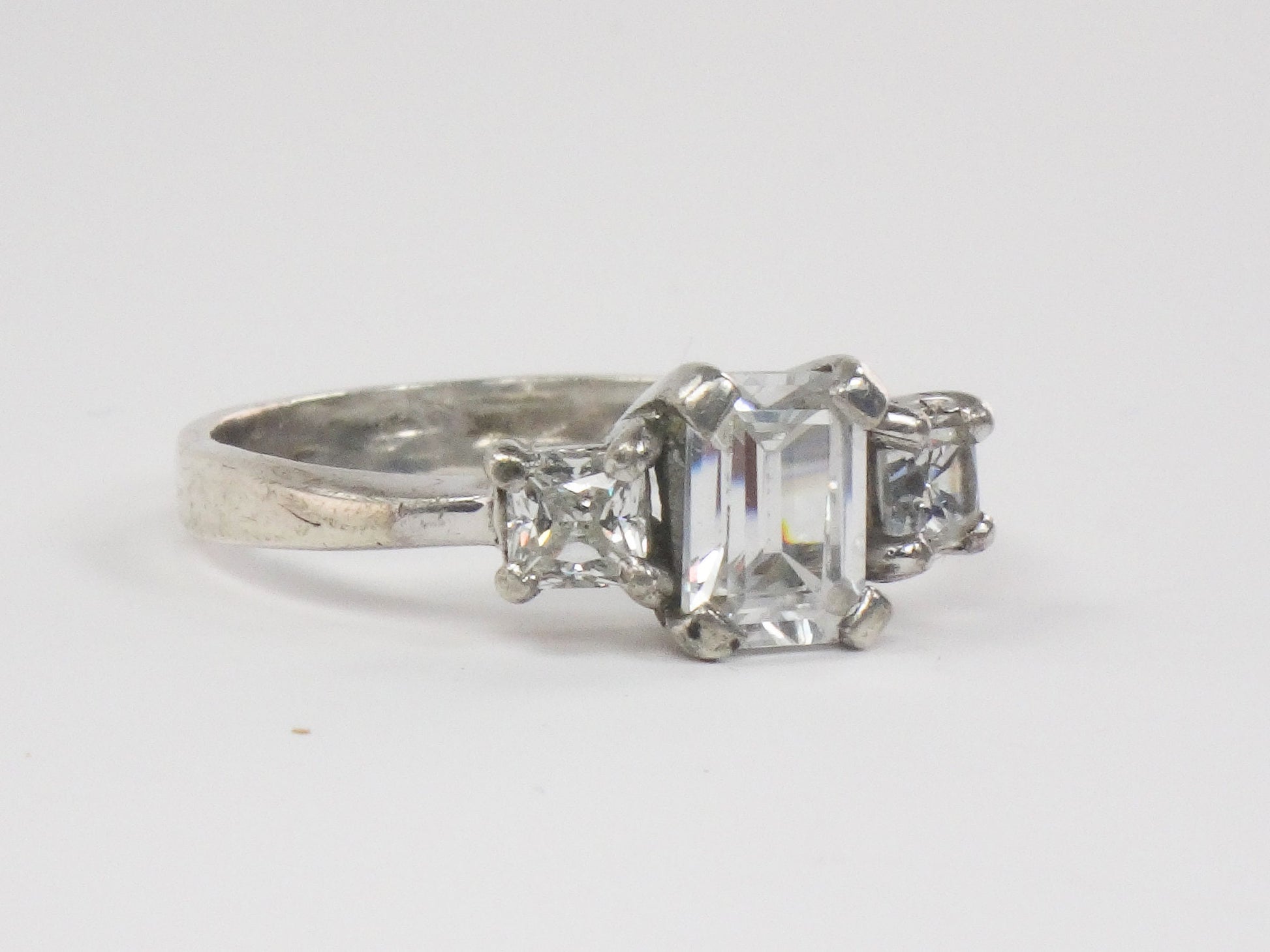 Vintage Sterling Silver Clear Stone Engagement Ring Emerald Cut and Princess Cut Size 8.5