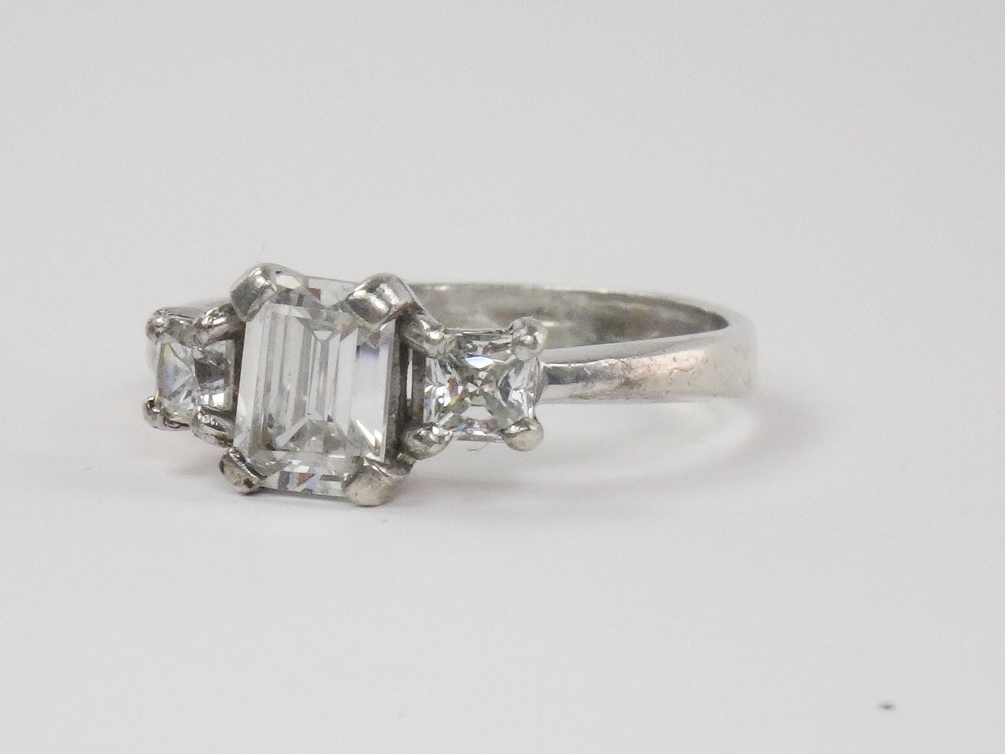 Vintage Sterling Silver Clear Stone Engagement Ring Emerald Cut and Princess Cut Size 8.5