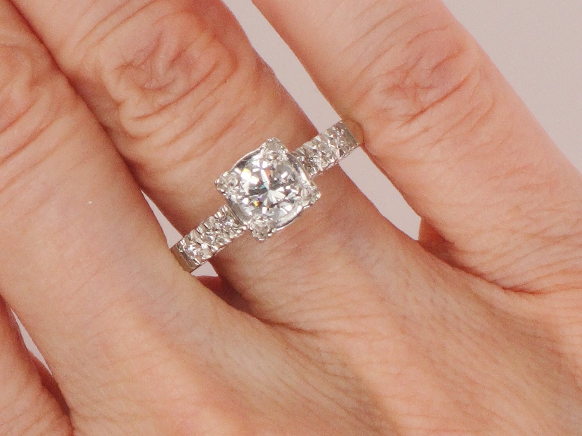 Vintage 14k White Gold Natural Diamond Engagement Ring Mid-Century Engagement Ring Approx. 1/2 Carat Center Size 8.5