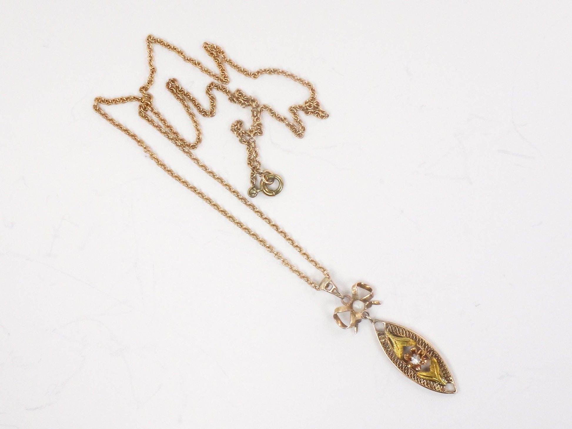 Vintage 14k Gold Diamond Filigree Pendant Necklace: Art Nouveau Bow, 18" Chain