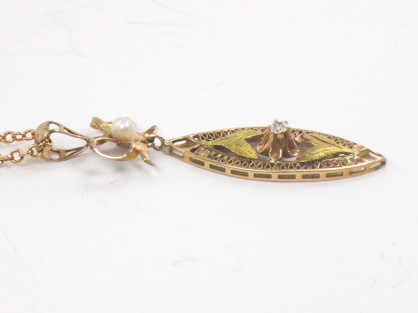 Vintage 14k Gold Old Cut Diamond Filigree Pendant with Bow and 14k Link Chain Art Nouveau Style Necklace 18"
