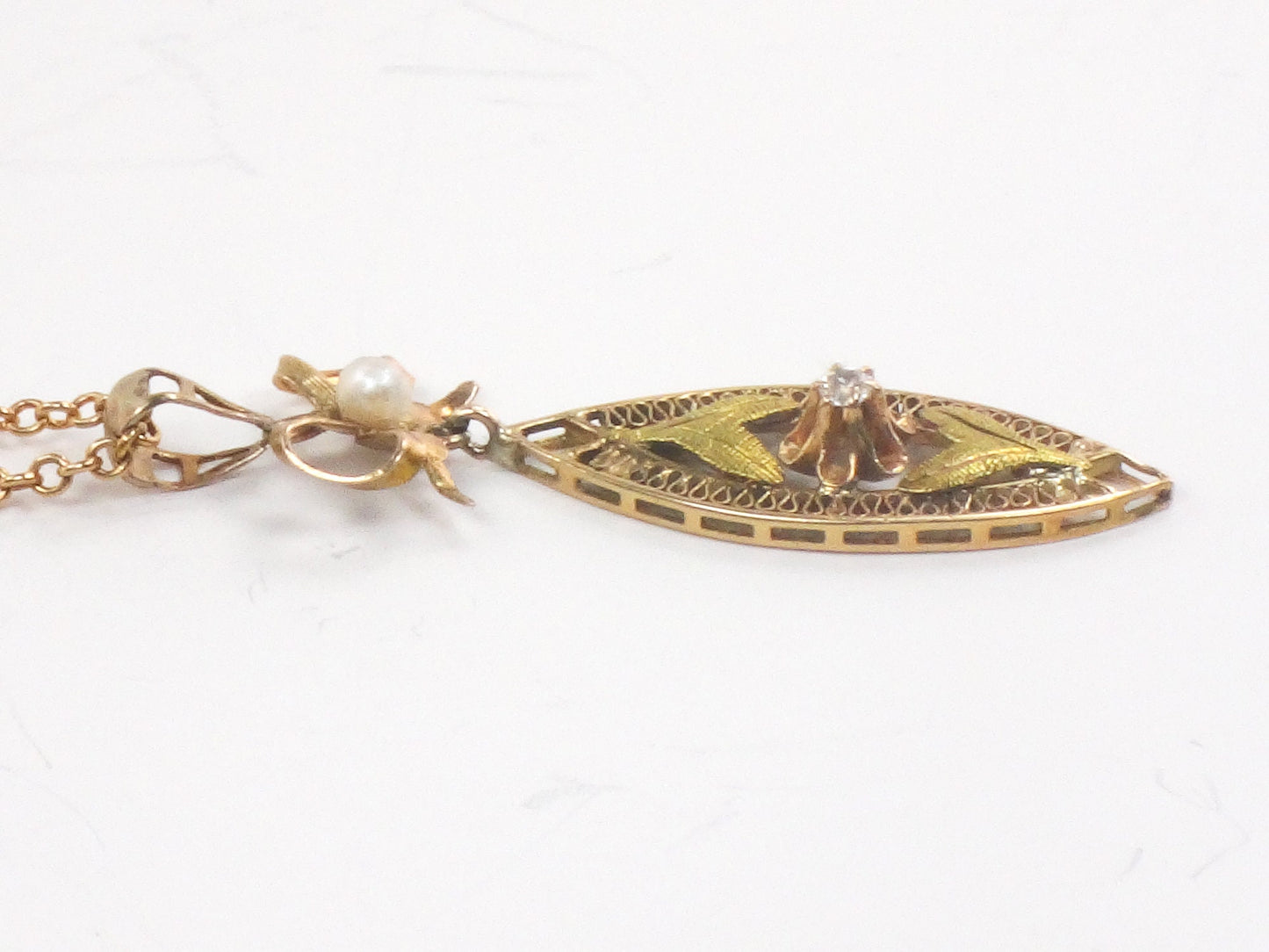 Vintage 14k Gold Diamond Filigree Pendant Necklace: Art Nouveau Bow, 18" Chain