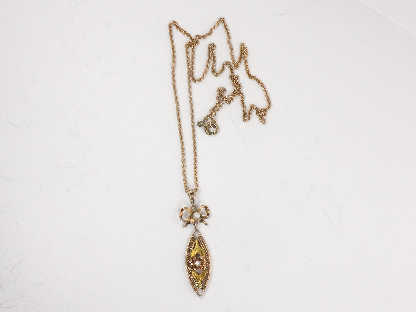 Vintage 14k Gold Diamond Filigree Pendant Necklace: Art Nouveau Bow, 18" Chain