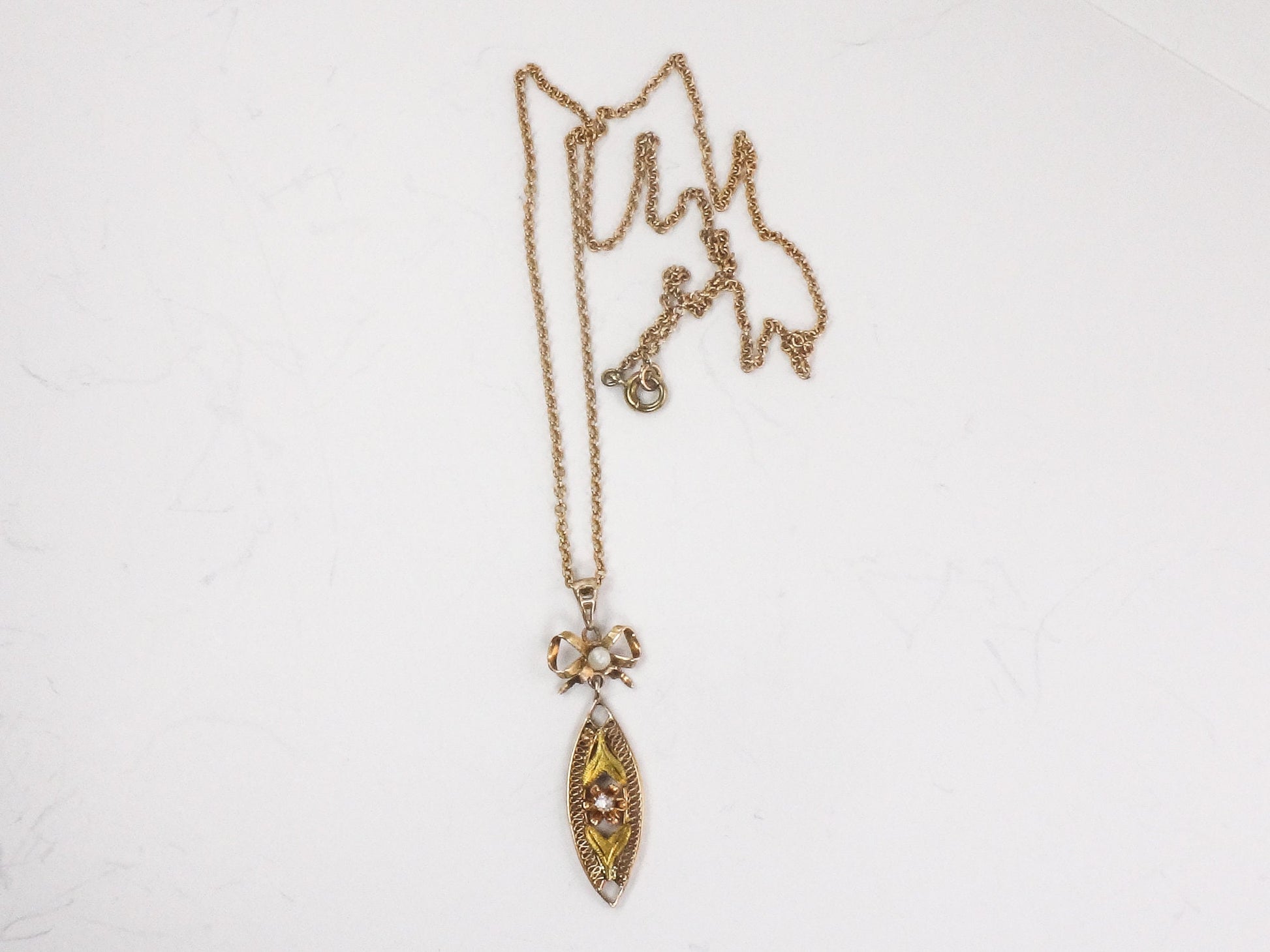 Vintage 14k Gold Diamond Filigree Pendant Necklace: Art Nouveau Bow, 18" Chain