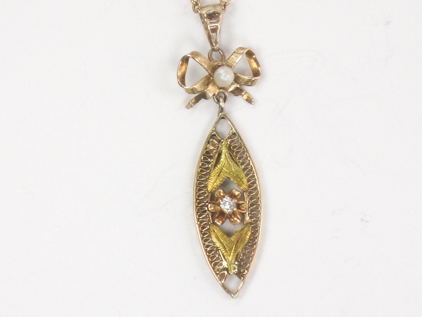 Vintage 14k Gold Diamond Filigree Pendant Necklace: Art Nouveau Bow, 18" Chain