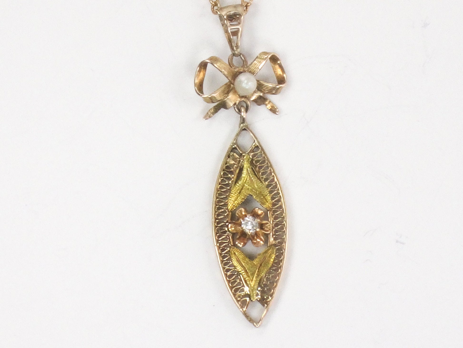 Vintage 14k Gold Diamond Filigree Pendant Necklace: Art Nouveau Bow, 18" Chain