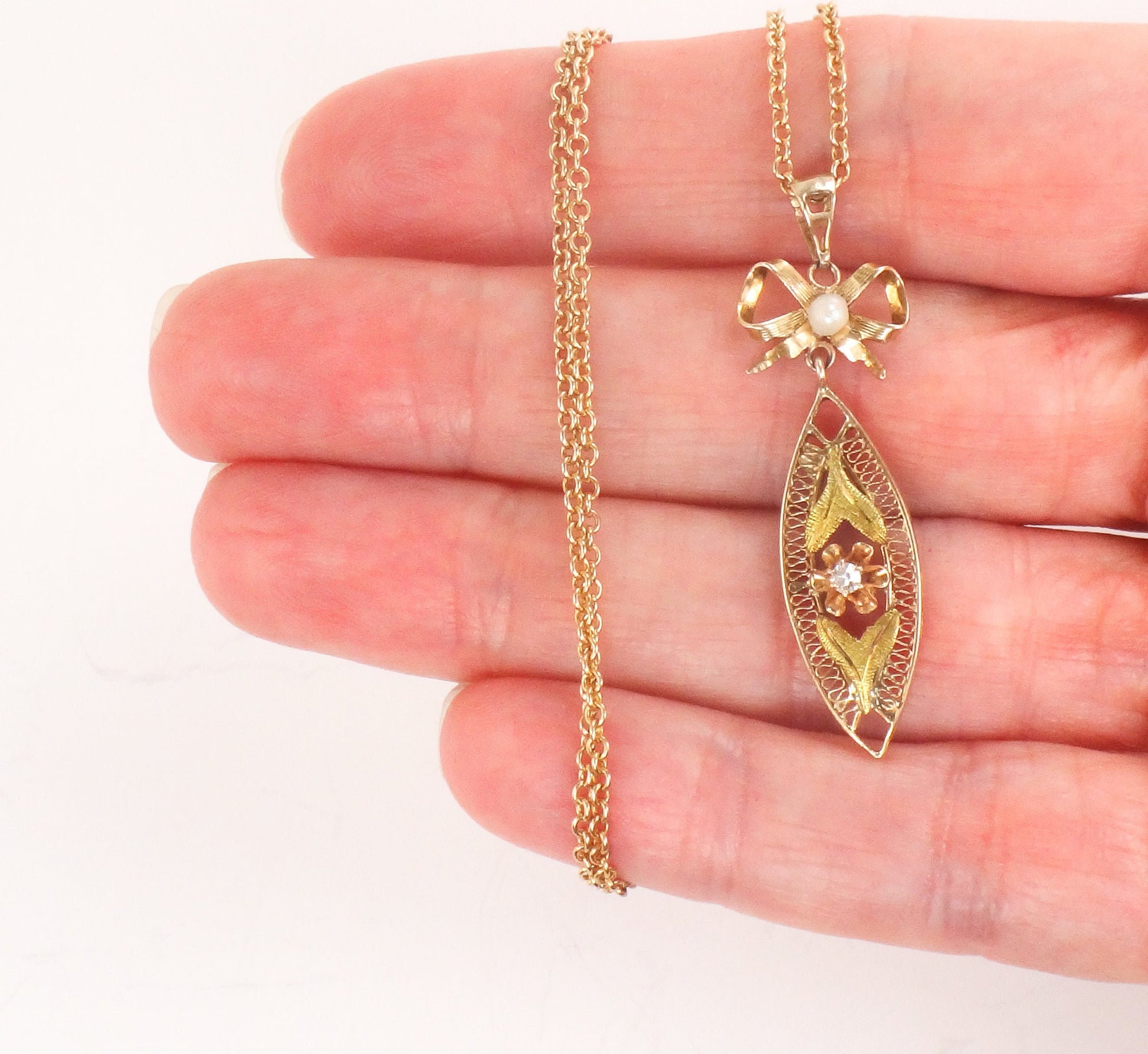 Vintage 14k Gold Diamond Filigree Pendant Necklace: Art Nouveau Bow, 18" Chain