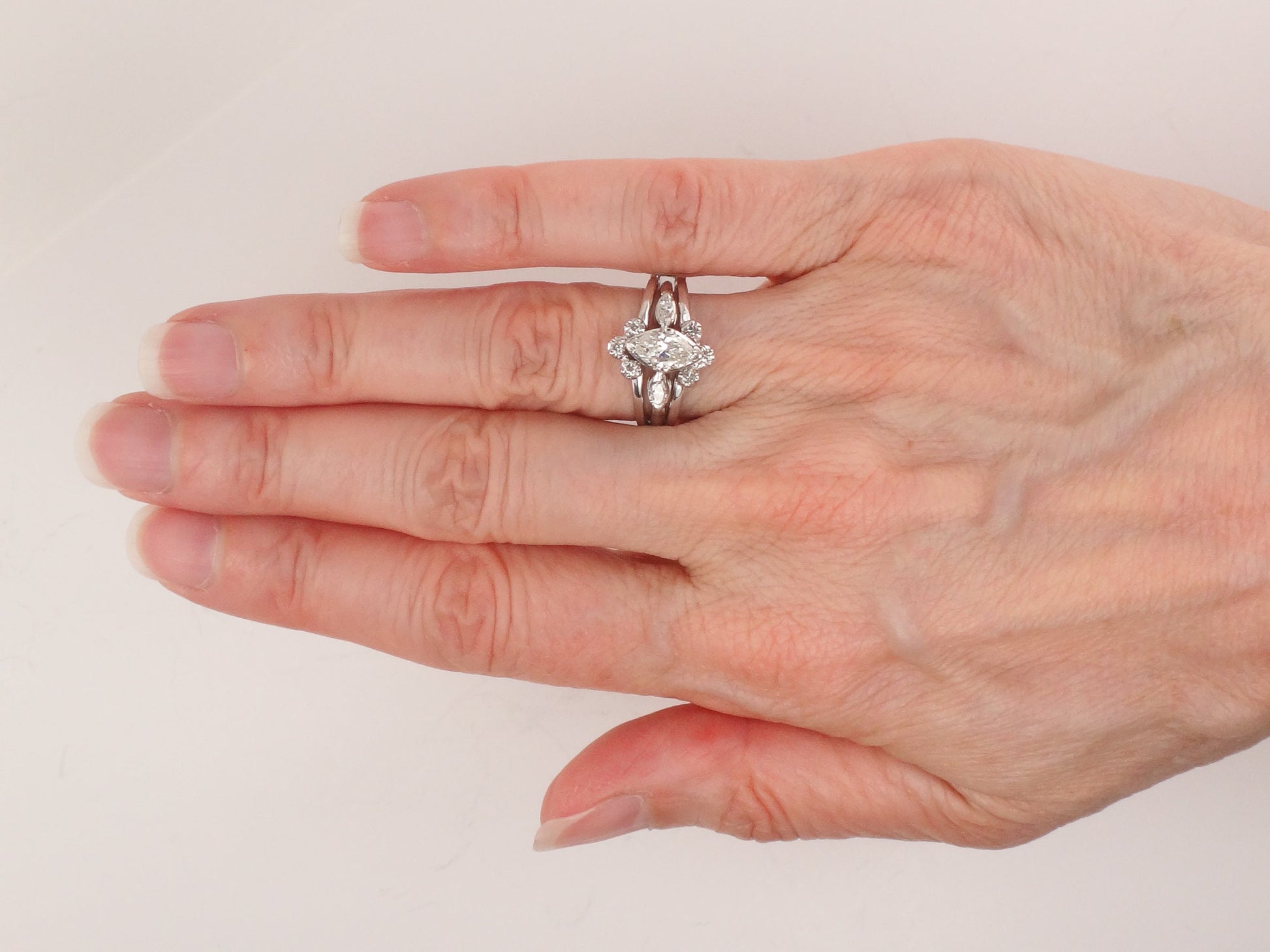 Vintage Marquise Diamond Engagement Ring Set: 14k White Gold, Insert Wedding Band, Size 5.75