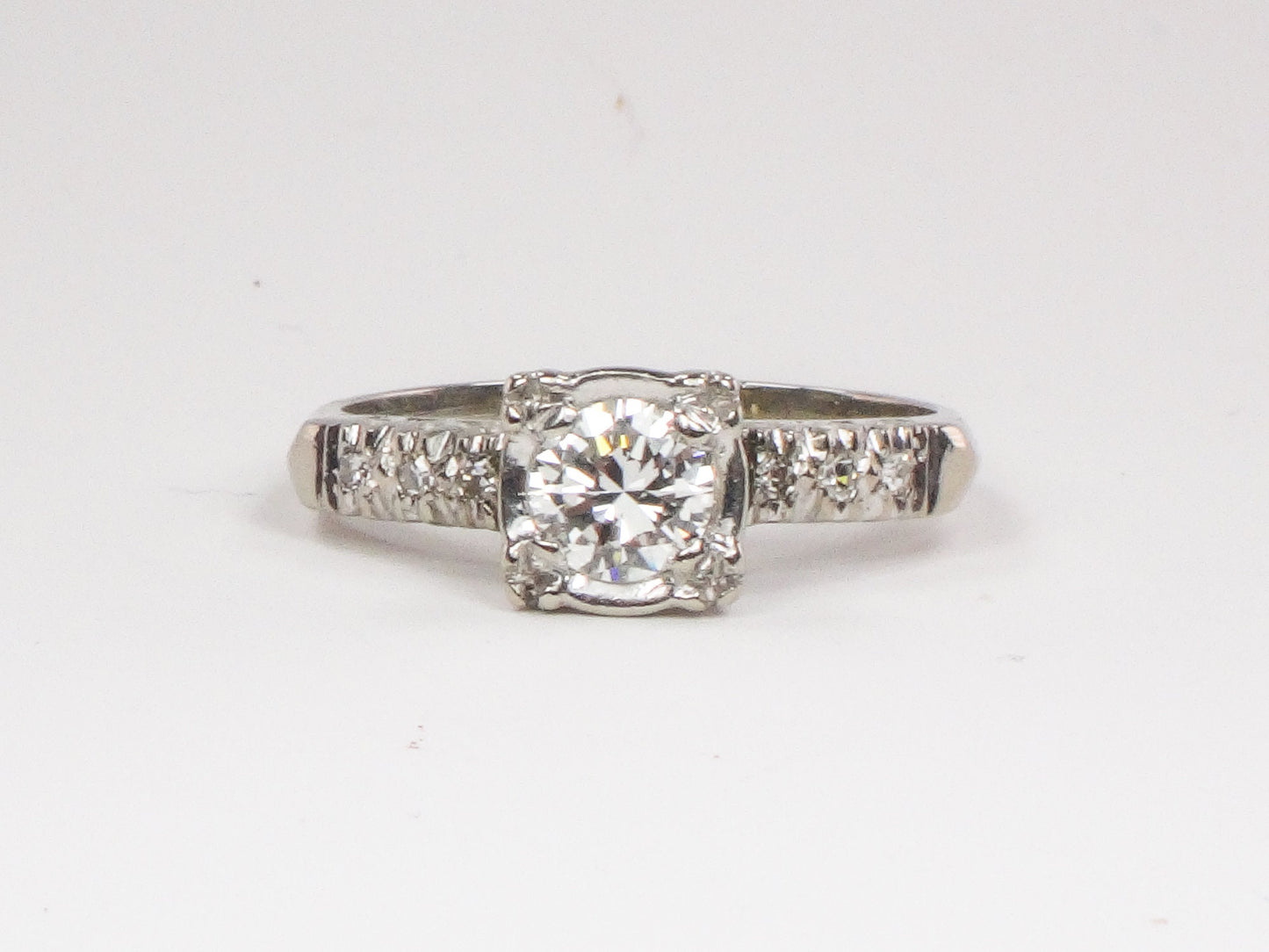 Vintage 14k White Gold Natural Diamond Engagement Ring Mid-Century Engagement Ring Approx. 1/2 Carat Center Size 8.5