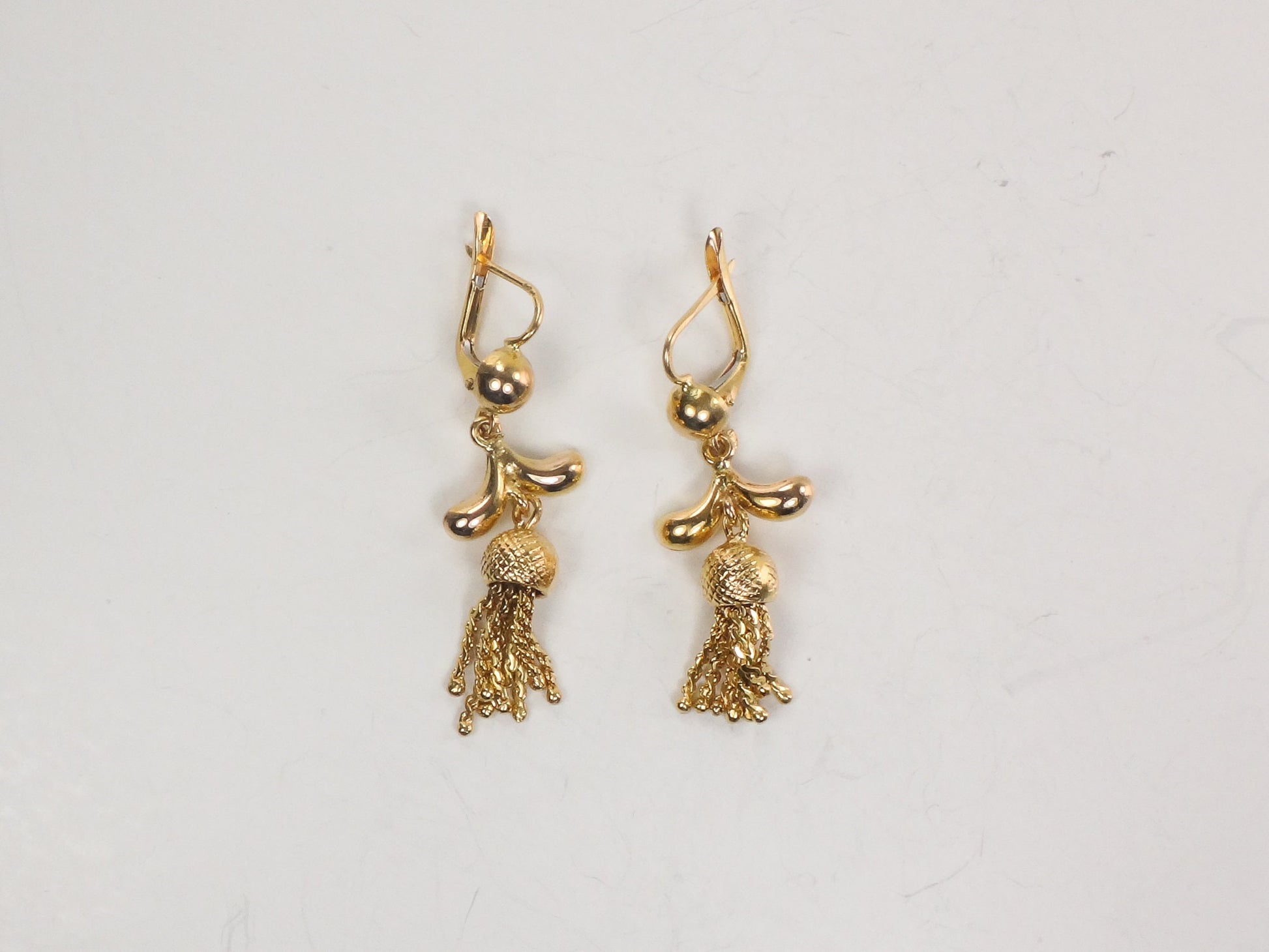 Vintage 18k Yellow Gold Tassel Dangle Earrings Fringe Earrings with Latch Backs