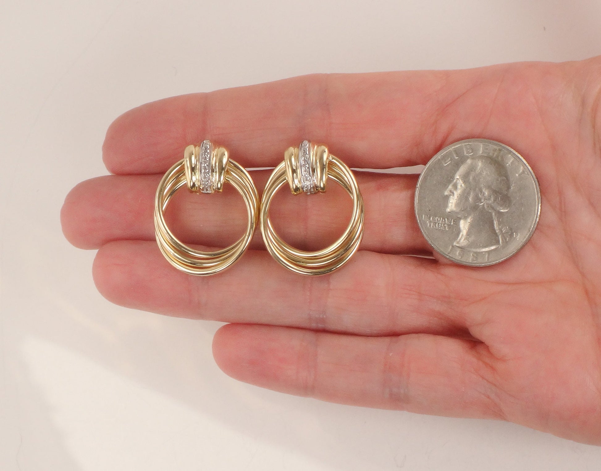 Vintage 14k Gold Diamond Door Knocker Earrings: Mid-Century Modern Style