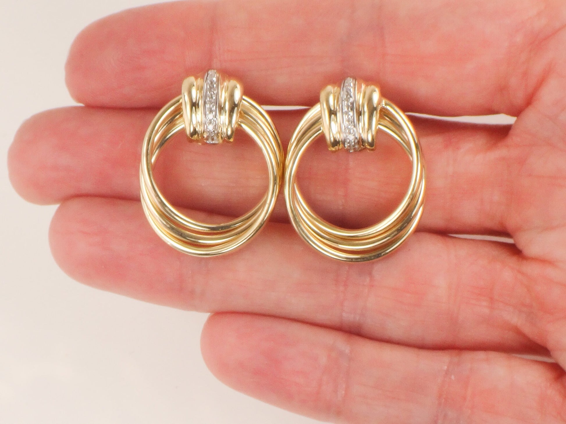 Vintage 14k Gold Diamond Door Knocker Earrings: Mid-Century Modern Style