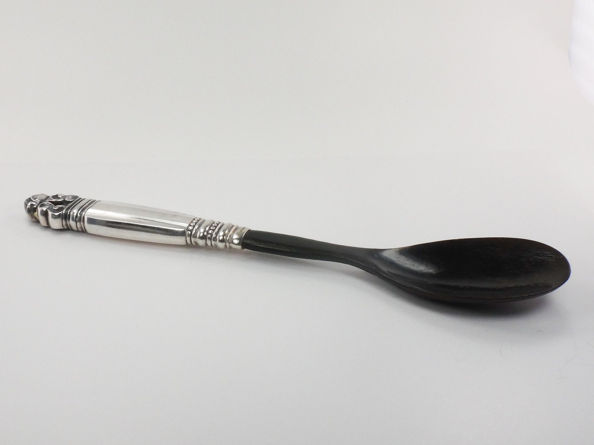 Georg Jensen Sterling Silver Acorn Pattern Salad Serving Spoon with Horn Bowl