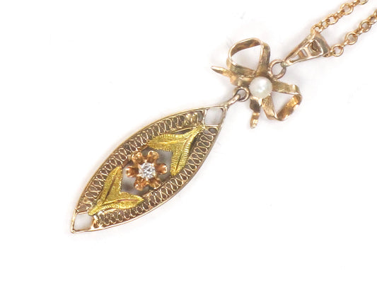 Vintage 14k Gold Diamond Filigree Pendant Necklace: Art Nouveau Bow, 18" Chain