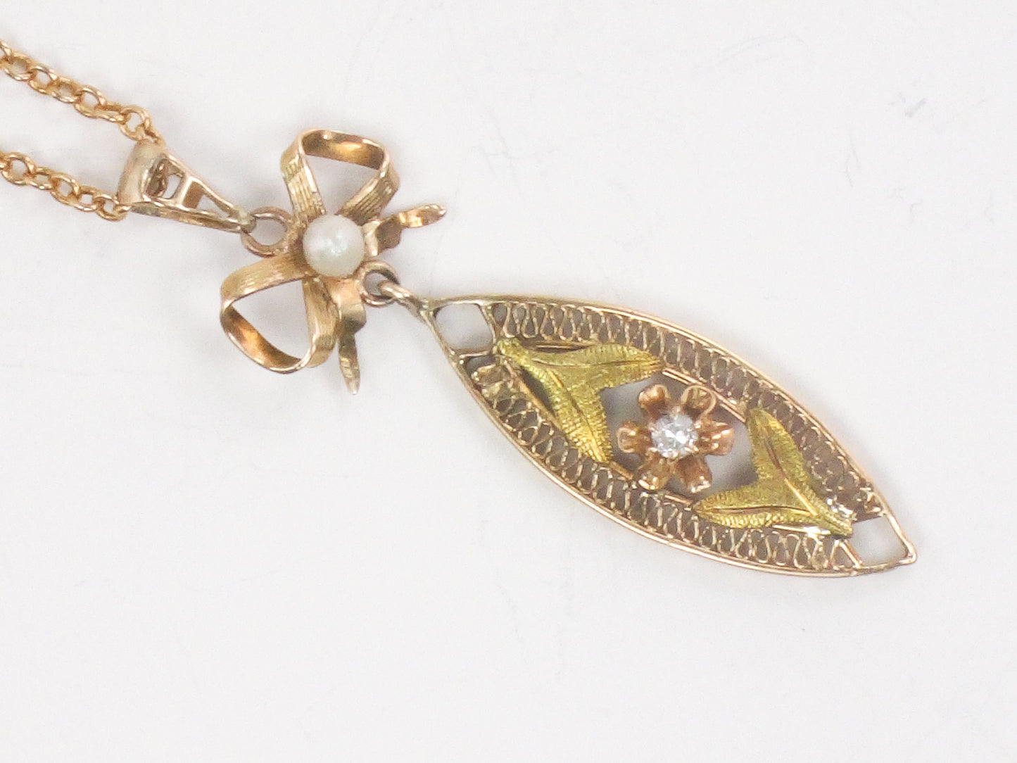 Vintage 14k Gold Diamond Filigree Pendant Necklace: Art Nouveau Bow, 18" Chain