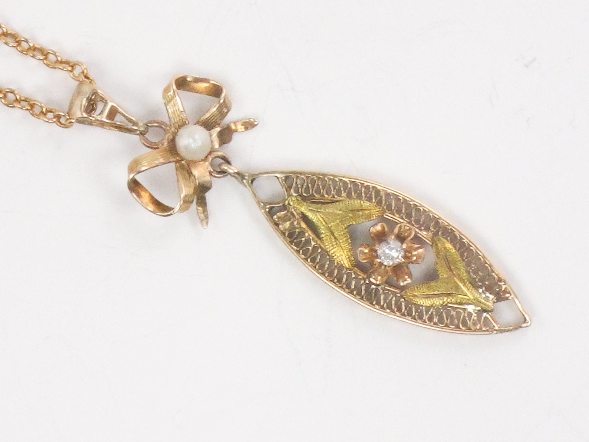 Vintage 14k Gold Diamond Filigree Pendant Necklace: Art Nouveau Bow, 18" Chain