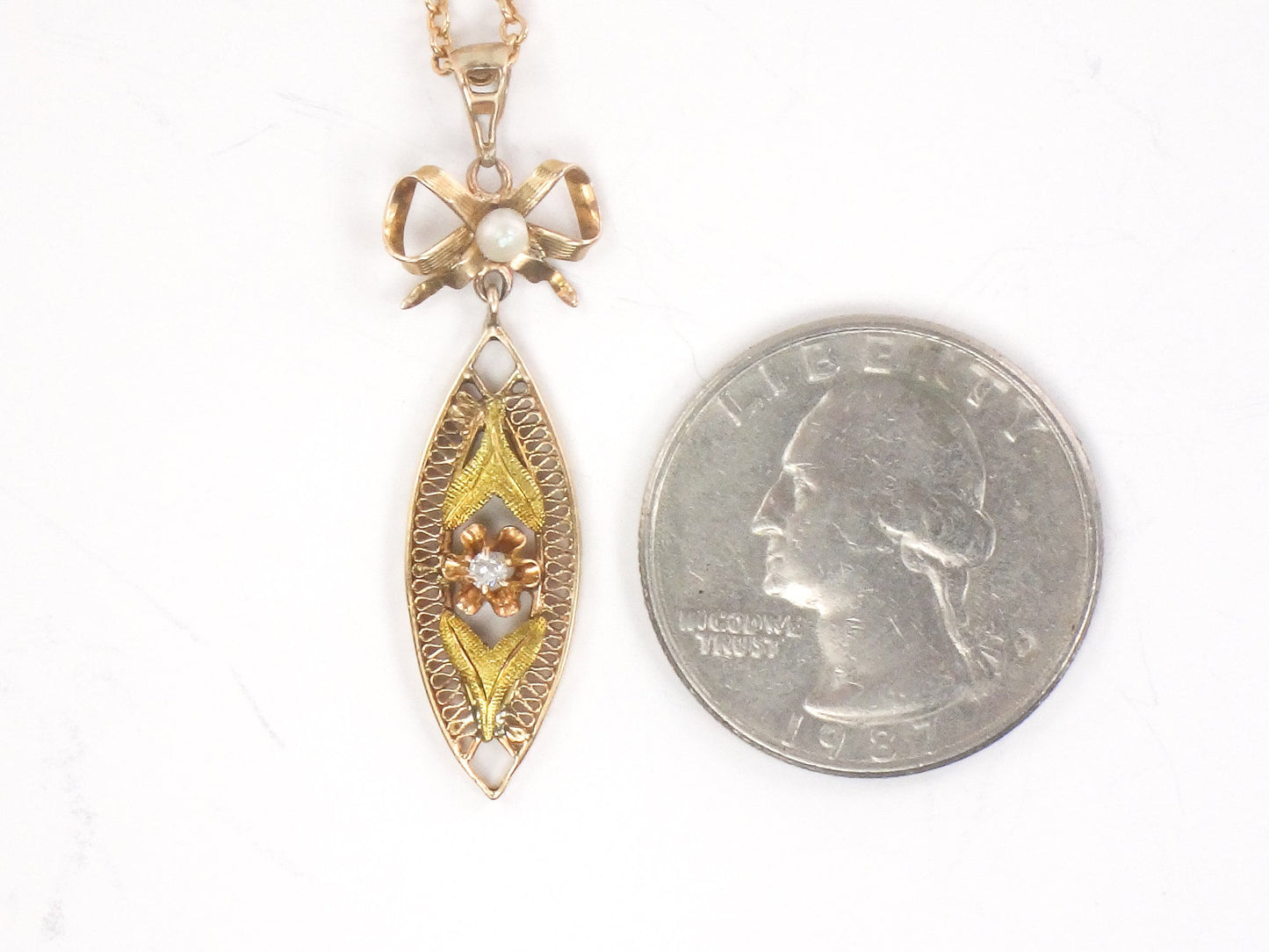 Vintage 14k Gold Diamond Filigree Pendant Necklace: Art Nouveau Bow, 18" Chain