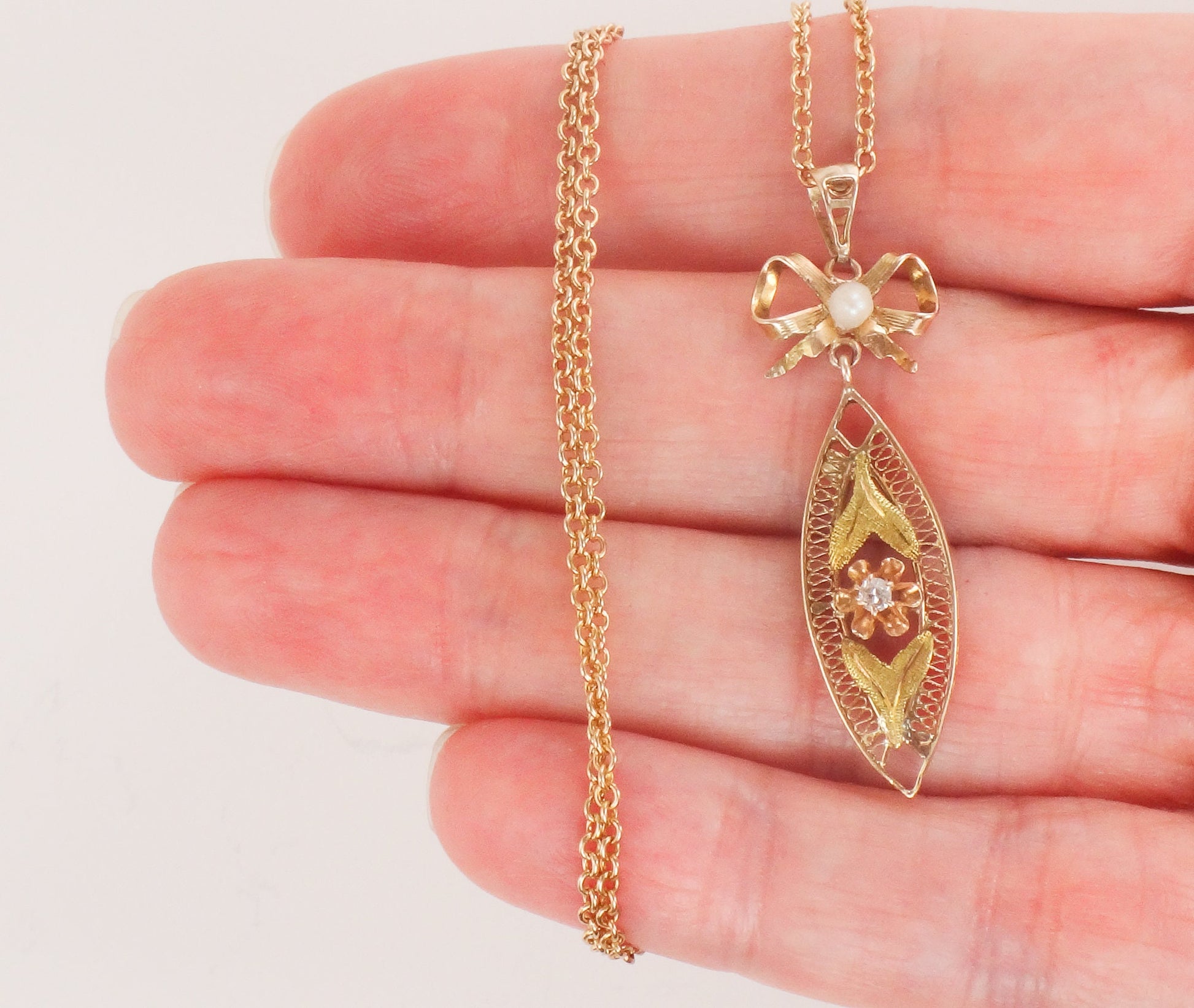 Vintage 14k Gold Diamond Filigree Pendant Necklace: Art Nouveau Bow, 18" Chain