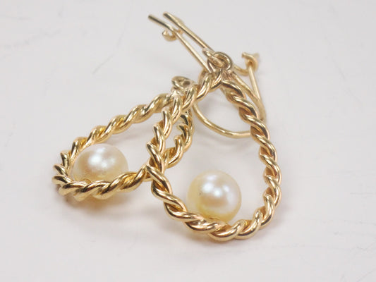 Vintage 14k Yellow Solid Gold Cultured Pearl Dangle Earrings, Bridal Teardrop Shaped Earrings