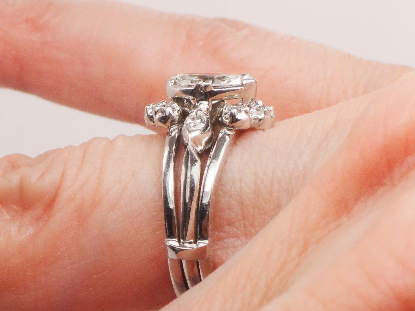 Vintage Marquise Diamond Engagement Ring Set: 14k White Gold, Insert Wedding Band, Size 5.75