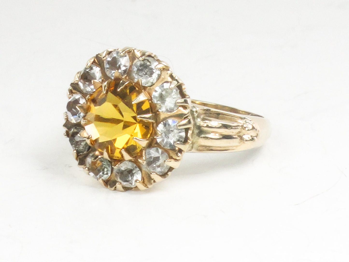 Vintage 10k Yellow Gold Gold and Clear Glass Ring Imitation Citrine and Diamond Halo Ring Size 5.25