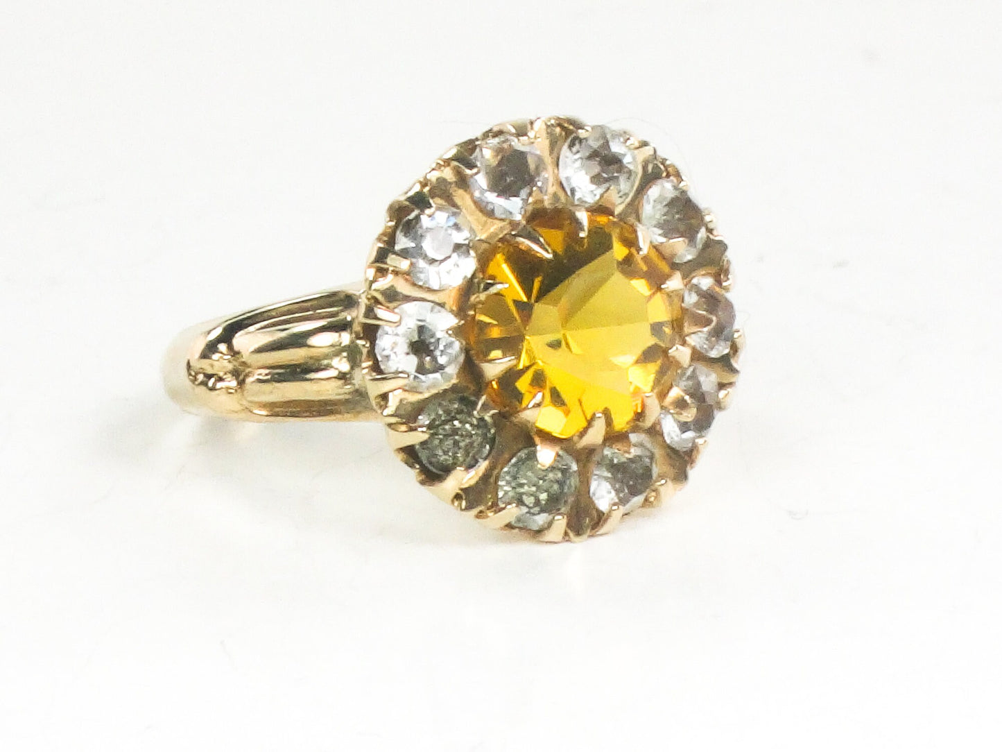 Vintage 10k Yellow Gold Gold and Clear Glass Ring Imitation Citrine and Diamond Halo Ring Size 5.25