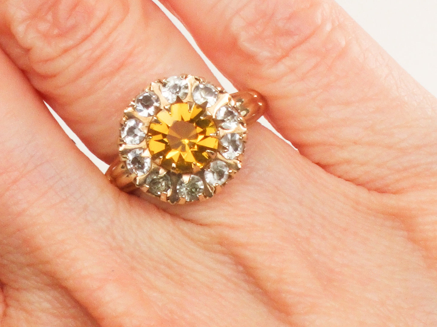 Vintage 10k Yellow Gold Gold and Clear Glass Ring Imitation Citrine and Diamond Halo Ring Size 5.25