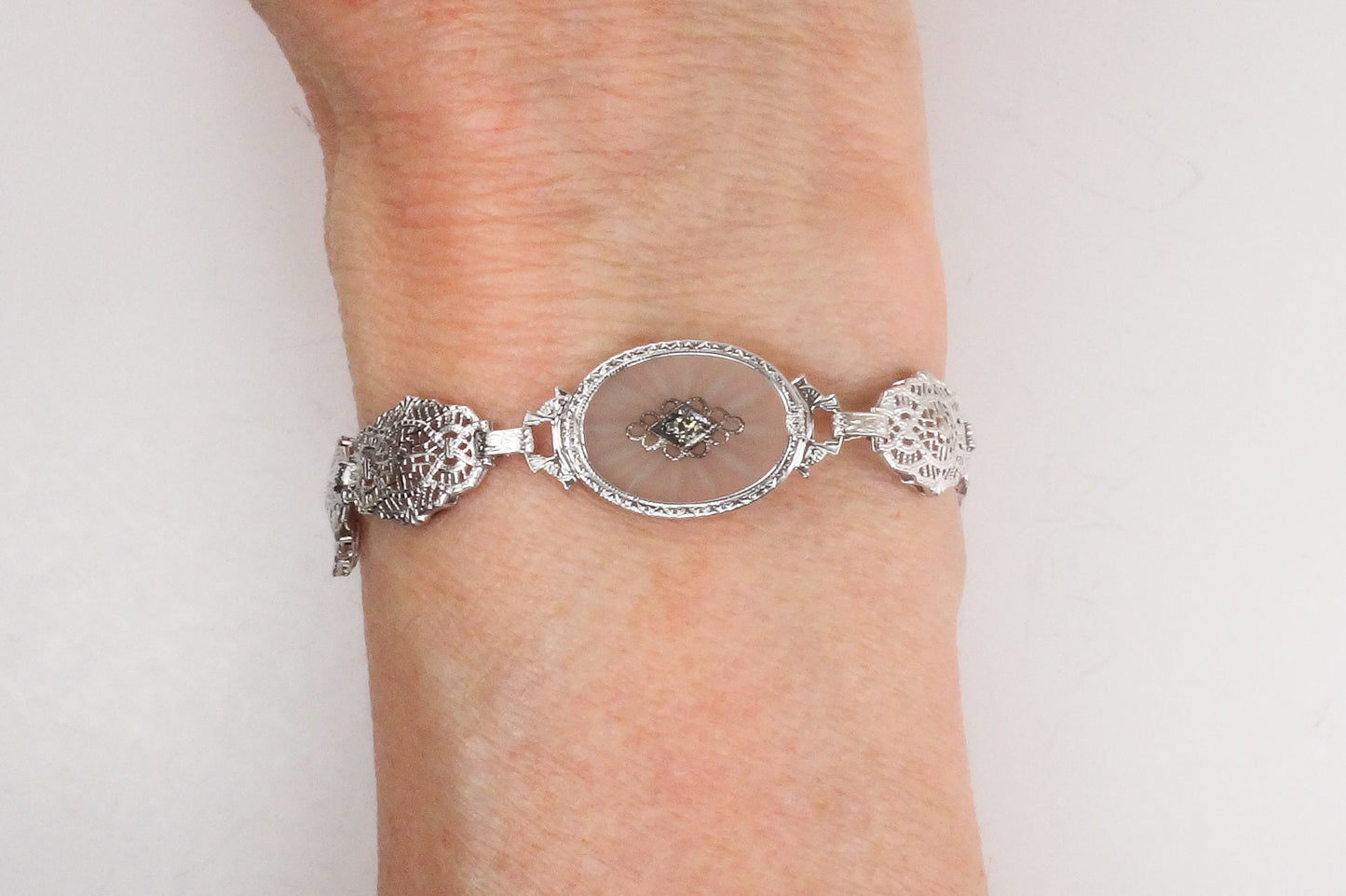 Art Deco Rock Crystal Quartz Diamond Bracelet: 14k White Gold Filigree, 6.5" Bridal Jewelry