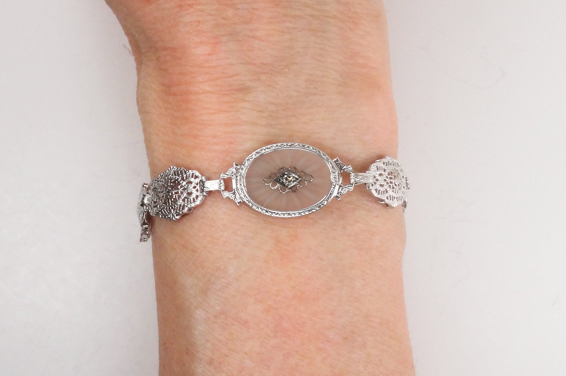 Art Deco Rock Crystal Quartz Diamond Bracelet: 14k White Gold Filigree, 6.5" Bridal Jewelry