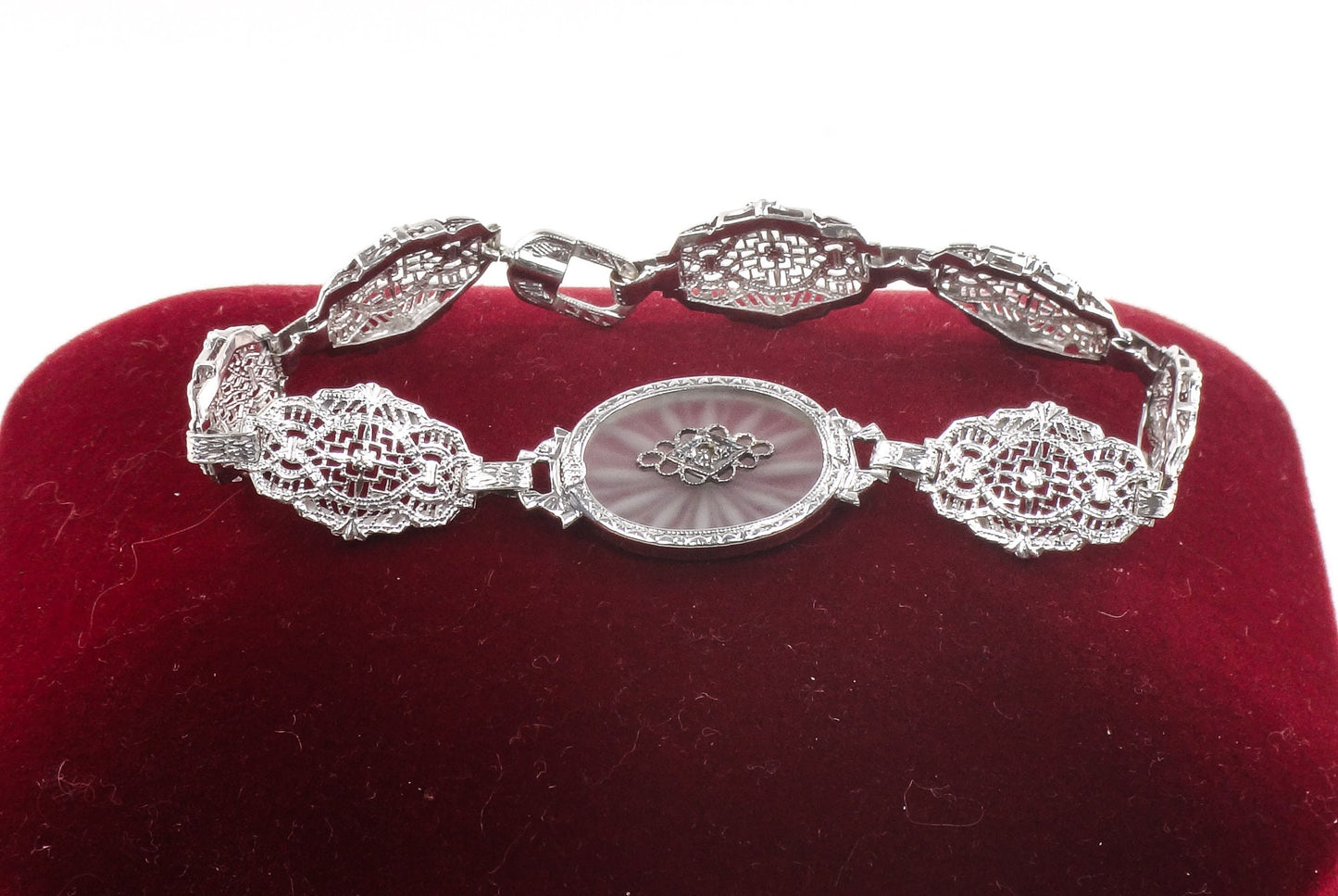 Art Deco Rock Crystal Quartz Diamond Bracelet: 14k White Gold Filigree, 6.5" Bridal Jewelry
