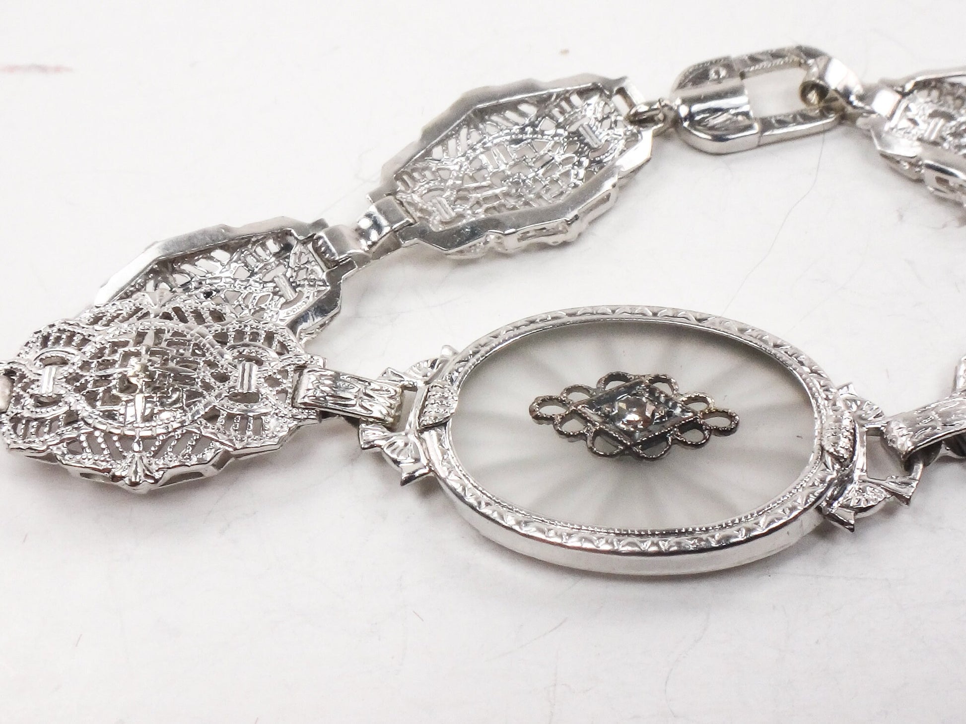 Art Deco Rock Crystal Quartz Diamond Bracelet: 14k White Gold Filigree, 6.5" Bridal Jewelry