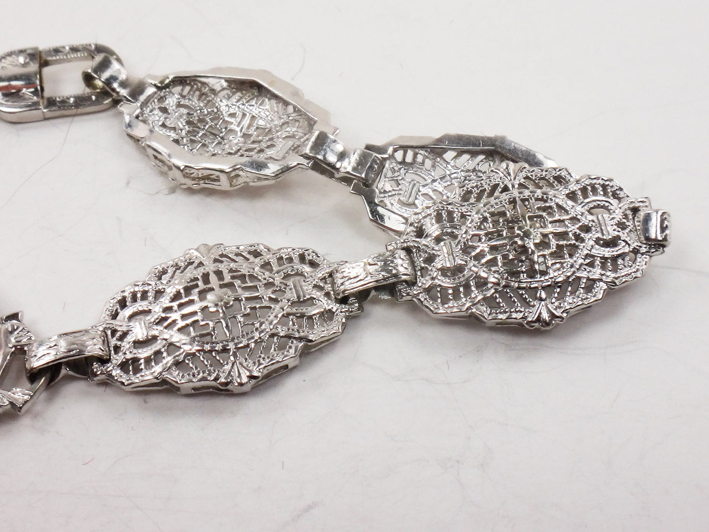 Art Deco Rock Crystal Quartz Diamond Bracelet: 14k White Gold Filigree, 6.5" Bridal Jewelry