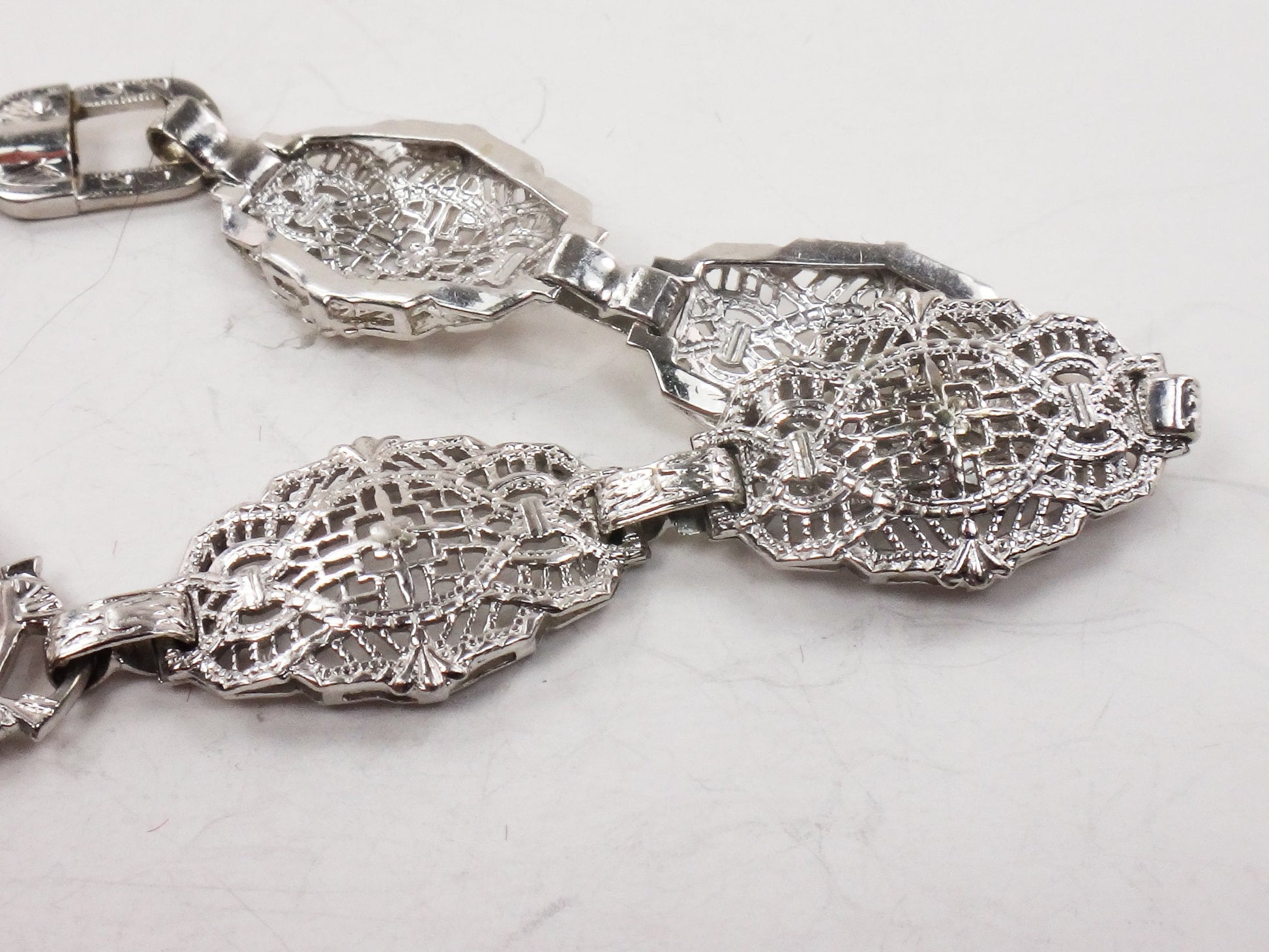 Art Deco Rock Crystal Quartz Diamond Bracelet: 14k White Gold Filigree, 6.5" Bridal Jewelry