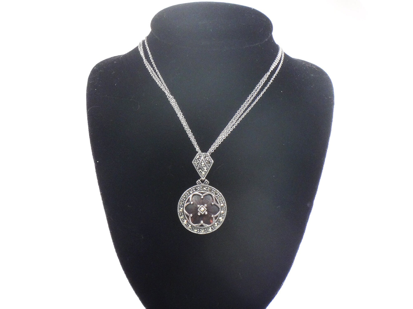 Vintage Judith Jack Sterling Silver Pink Camphor Glass and Marcasite Pendant Necklace Art Deco Style Camphor Glass Necklace 16"