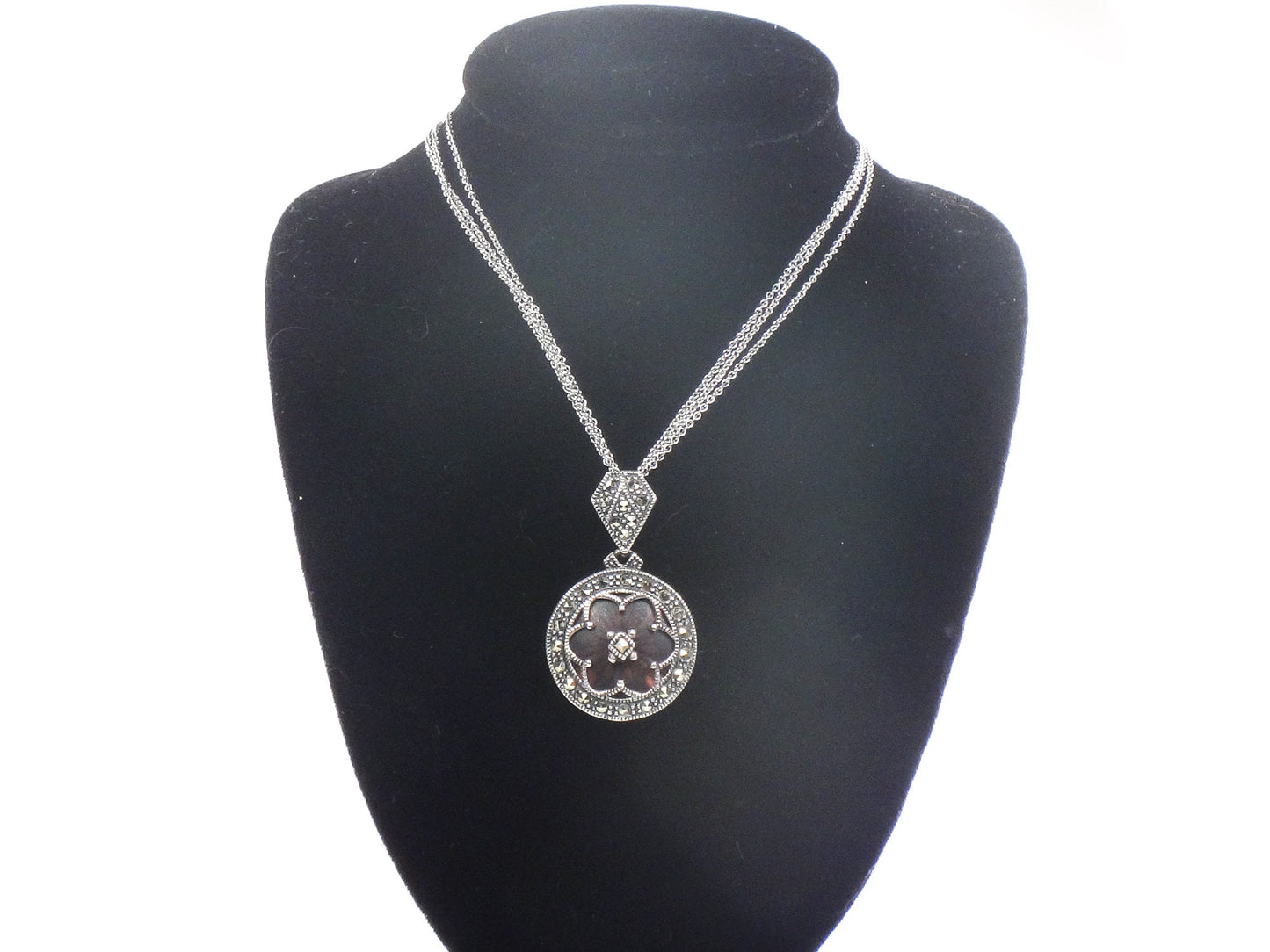 Vintage Judith Jack Sterling Silver Camphor Glass Marcasite Pendant Necklace