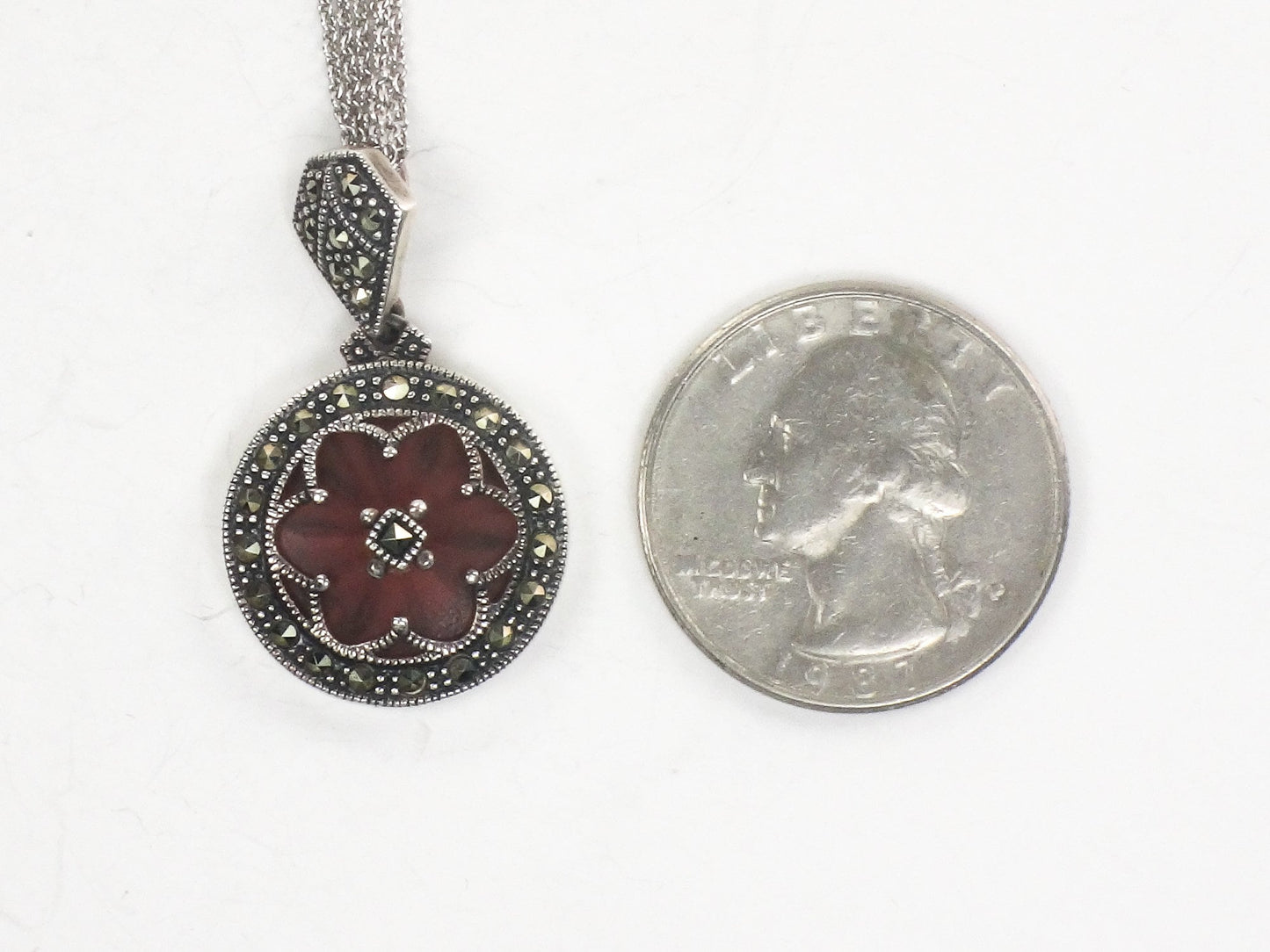 Vintage Judith Jack Sterling Silver Pink Camphor Glass and Marcasite Pendant Necklace Art Deco Style Camphor Glass Necklace 16"