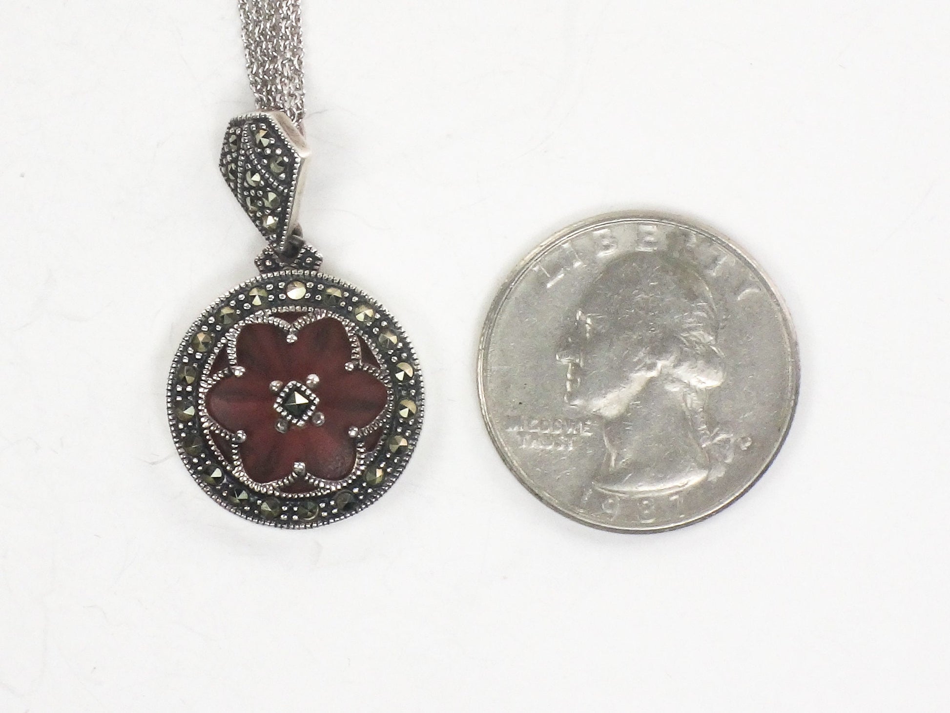 Vintage Judith Jack Sterling Silver Camphor Glass Marcasite Pendant Necklace