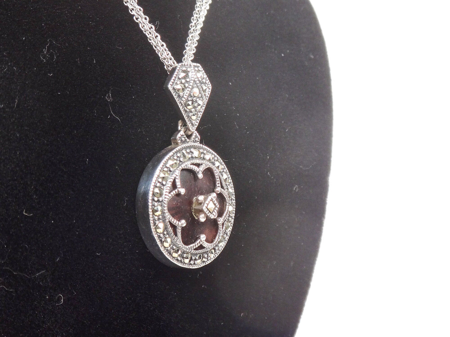 Vintage Judith Jack Sterling Silver Pink Camphor Glass and Marcasite Pendant Necklace Art Deco Style Camphor Glass Necklace 16"