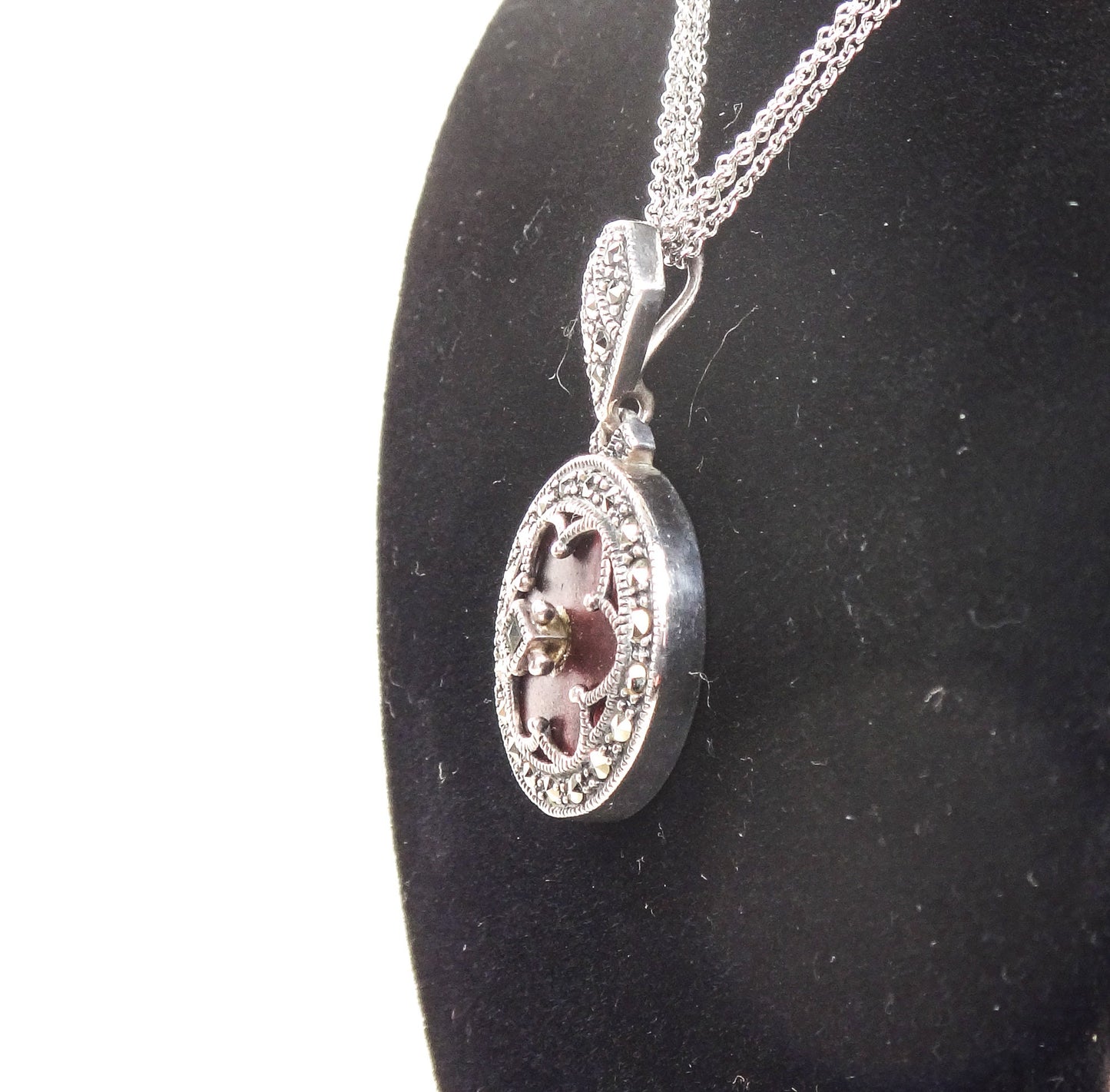 Vintage Judith Jack Sterling Silver Pink Camphor Glass and Marcasite Pendant Necklace Art Deco Style Camphor Glass Necklace 16"