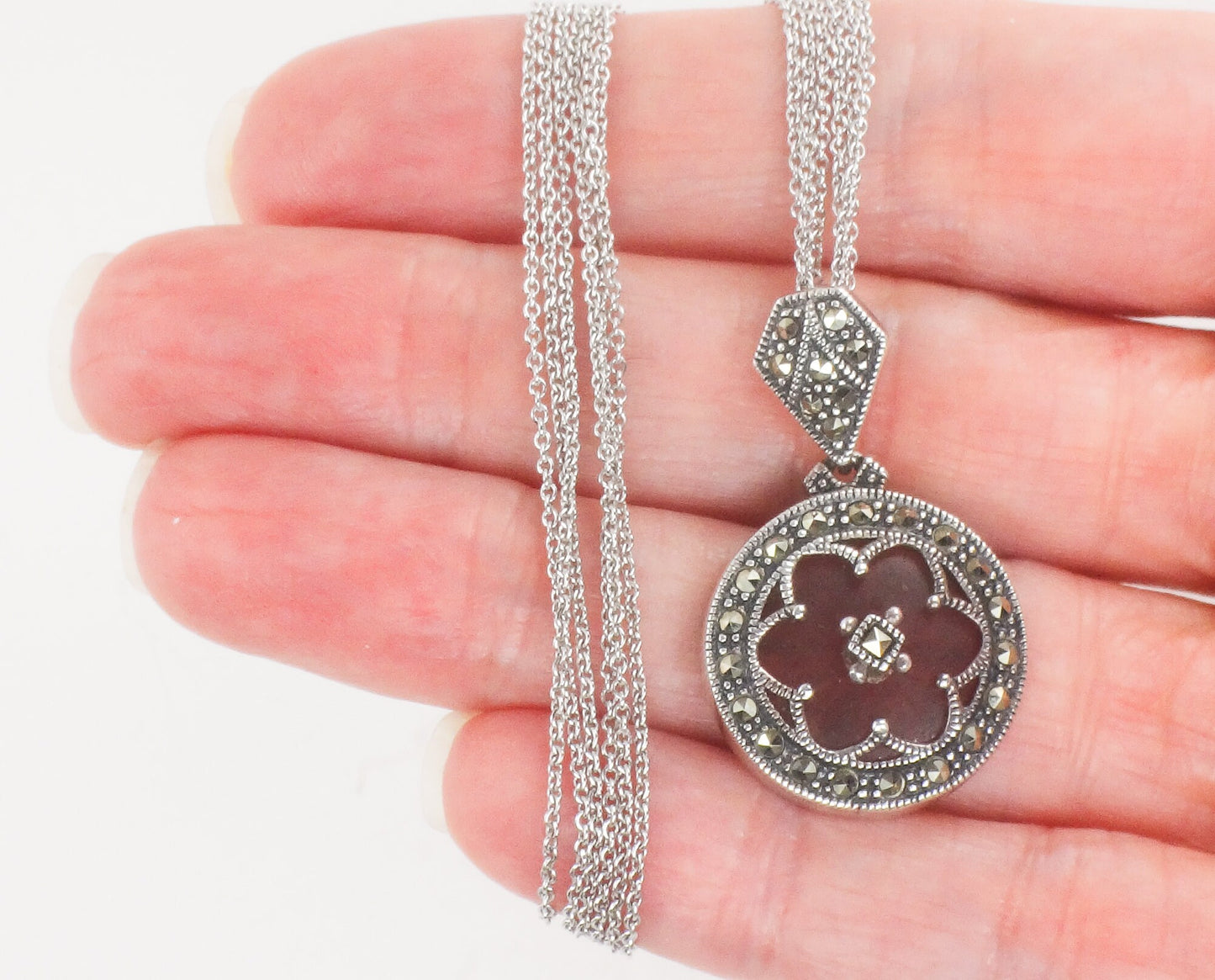 Vintage Judith Jack Sterling Silver Pink Camphor Glass and Marcasite Pendant Necklace Art Deco Style Camphor Glass Necklace 16"