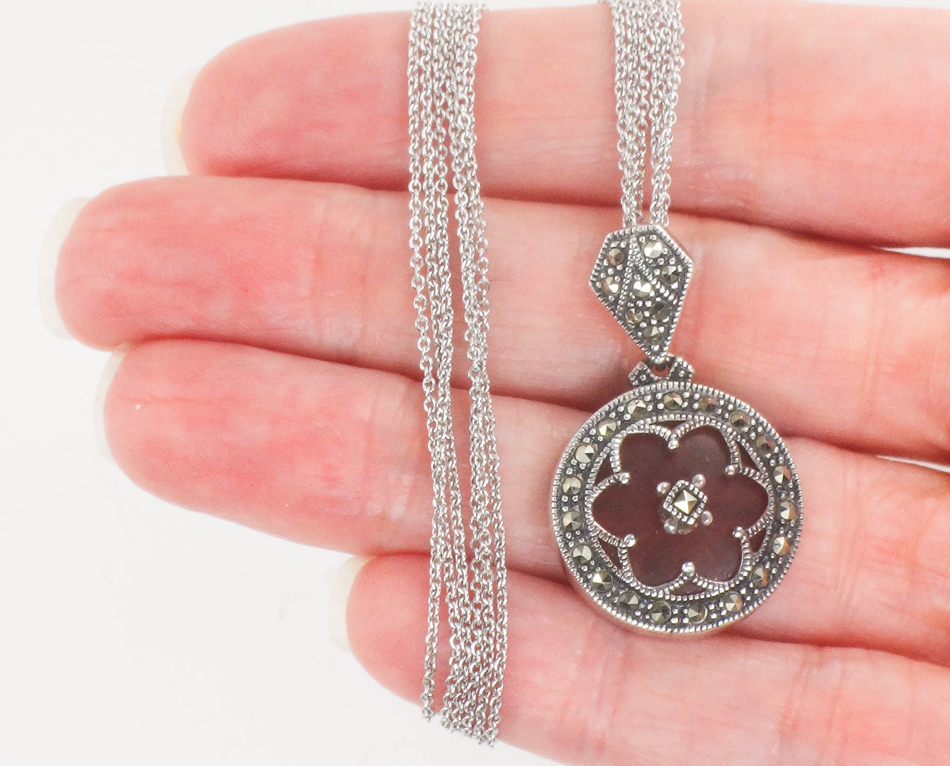 Vintage Judith Jack Sterling Silver Camphor Glass Marcasite Pendant Necklace